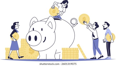 Financial literacy: people investing money in a piggy bank, symbolizing savings, collective investment, and smart financial planning.