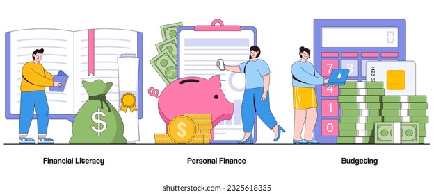 Alfabetización financiera, finanzas personales, concepto de presupuestación con carácter. Conjunto de ilustraciones de vectores de resumen de educación financiera. Gestión del Dinero, Conocimiento de la Inversión, Metáfora De Empoderamiento Financiero.