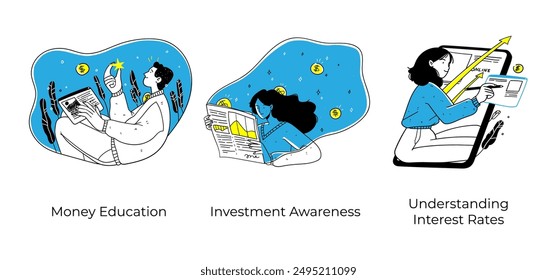 Financial literacy. Personal finance management, investing, managing expense - set of business concept illustrations. Visual stories collection.