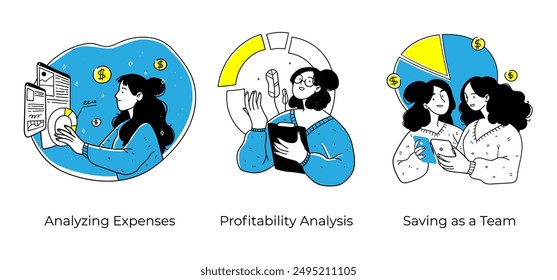 Financial literacy. Personal finance management, investing, managing expense - set of business concept illustrations. Visual stories collection.