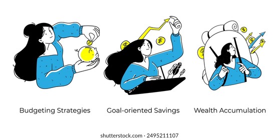 Financial literacy. Personal finance management, investing, managing expense - set of business concept illustrations. Visual stories collection.