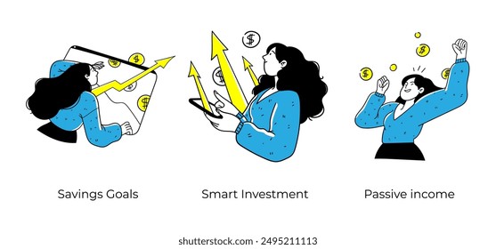 Financial literacy. Personal finance management, investing, managing expense - set of business concept illustrations. Visual stories collection.