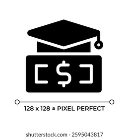 Financial literacy pixel perfect black glyph icon. Money management, economics. Budgeting skills. Savings strategy. Silhouette symbol on white space. Solid pictogram. Vector isolated illustration