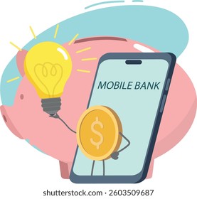 Financial literacy, profit planning, saving money. Vector illustration piggy bank, mobile banking, application