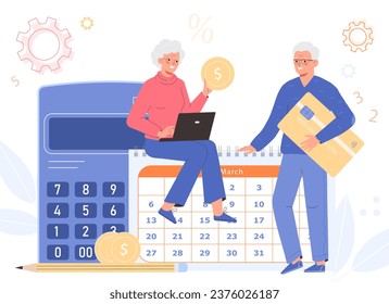 Financial literacy and savings of elderly people. An elderly couple retirement budget planning. An elderly man with bank card and mature woman with coin in her hand.