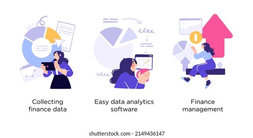 Financial literacy - set of business concept illustrations. Collecting finance data, Data analytics, Finance management. Visual stories collection.