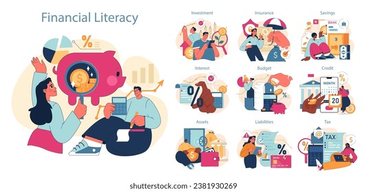 Financial Literacy set. Individuals explore key financial concepts from savings to taxes. Assessing investments, safeguarding with insurance, budgeting wisely. Flat vector illustration.