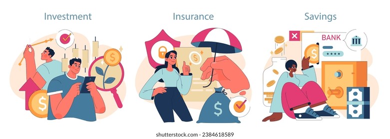 Financial literacy set. Individuals navigate the realms of investment, insurance, and savings. Analyzing growth charts. Seeking protection. Securing funds. Flat vector illustration.