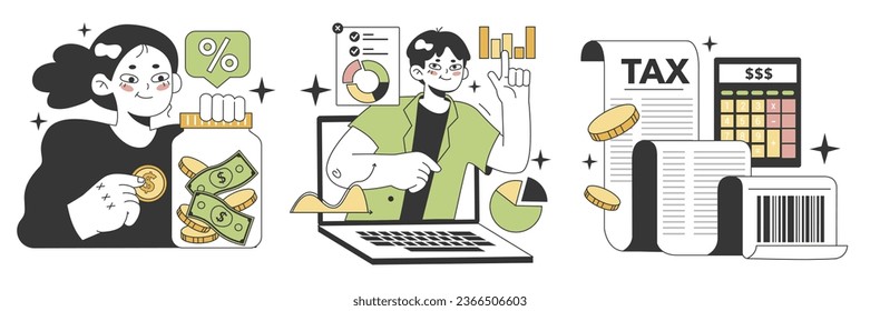 Financial literacy set. Personal budget development, money planning and control. Currency balance, assets management. Financial well-being. Flat vector illustration