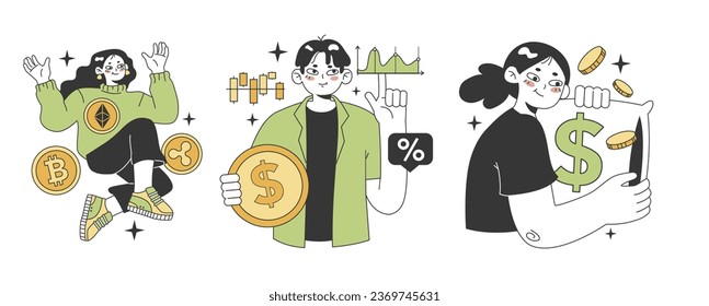 Financial literacy set. Personal budget development, money planning and control. Currency balance, assets management. Financial well-being. Flat vector illustration