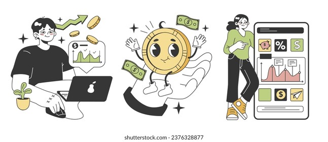 Financial literacy set. Personal budget development, money planning and control. Currency balance, assets management. Financial well-being. Flat vector illustration