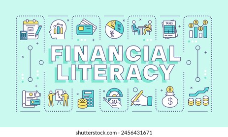 Financial literacy turquoise word concept. Family saving, paying bills. Personal finance. Typography banner. Vector illustration with title text, editable icons color