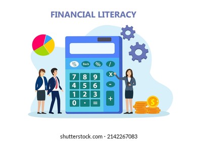 Financial literacy vector concept. Businesswoman showing a calculator while explaining financial literacy to business people in the office