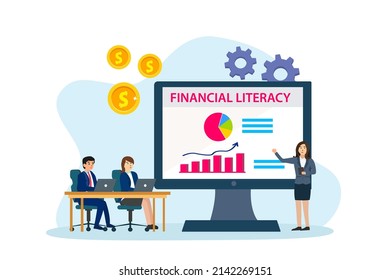 Financial Literacy Vector Concept. Businesswoman Explaining Financial Literacy To Business People While Studying Together In The Class