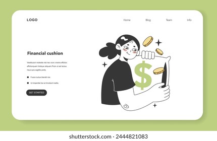 Anuncio de Web de alfabetización financiera o página de destino. Mujer joven construyendo un colchón financiero. Ahorro de dinero, gestión de activos personales. Planificación financiera y bienestar. Ilustración vectorial plana