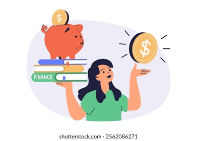 Financial literacy web concept with flat cartoon people for website design.