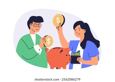 Financial literacy web concept with flat cartoon people for website design.