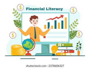 Diseño de fondo plano de la literatura financiera en la web Vector Ilustración con la gestión financiera, el dinero de inversión y el presupuesto en educación