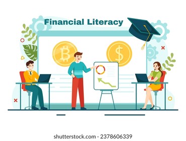 Diseño de fondo plano de la literatura financiera en la web Vector Ilustración con la gestión financiera, el dinero de inversión y el presupuesto en educación