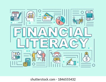 Financial literacy word concepts banner. Banking analytics. Infographics with linear icons on mint green background. Isolated typography. Vector outline RGB color illustration