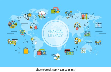 Financial literacy world map background saving money for education concept vector illustration. Outline earth economy education banking investment design.