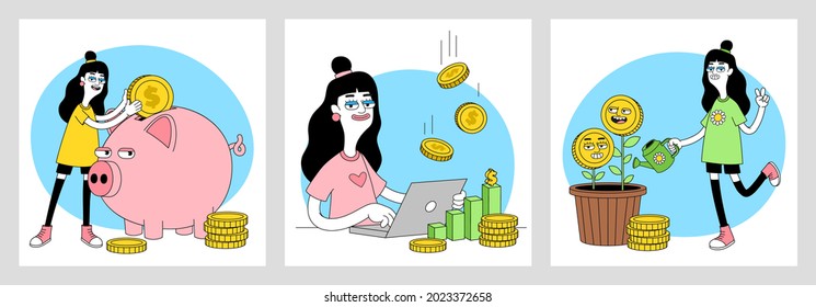 Financial literacy. Young Money. Finance, business, investment vector illustrations with funny cartoon abstract characters. Set of stickers, posters, prints in trendy cartoon weird style.