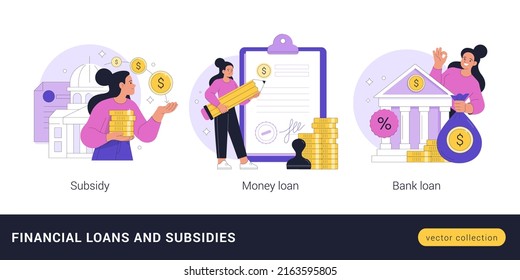 Financial Loans and Subsidies concept. Vector cartoon illustration of a young woman who receives subsidies, a loan, or lends money against receipt. Isolated on white