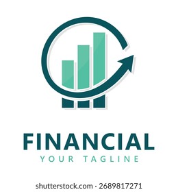 Finanzlogo mit Balkendiagramm nach oben und gekrümmtem Pfeil