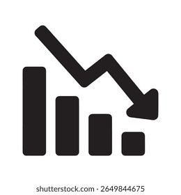 Ícone de perda financeira com um gráfico de barras descendente e uma seta representando a recessão falha de negócios do mercado de ações queda econômica vetor ícone de glifo sólido