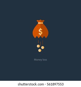 Financial loss icon, falling coins, big expenses, money deduction, maintenance cost, budget planning vector illustration