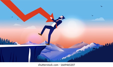 Financial loss - man pushed by downward arrow on cliff. Business bankruptcy, failure, recession and crisis concept. Vector illustration.