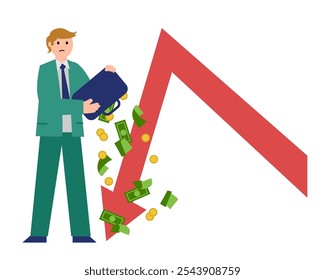 Financial loss, sad man. Vector simple color flat illustration.