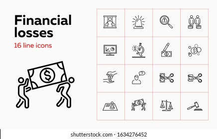 Financial losses line icon set. Robbery, economic bubble, credit card cutting. Finance concept. Can be used for topics like crime, fraud, bankruptcy