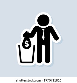 Financial losses sticker. Falling bag with dollar sign in trash. Big expenses, money deduction, maintenance costs. Do not waste money. Vector on isolated background. EPS 10.