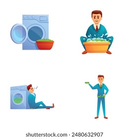 Financial machination icons set cartoon vector. Laundering of money in washer. Dirty money, corruption, fraud