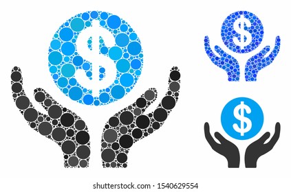 Financial maintenance hands composition of filled circles in different sizes and color hues, based on financial maintenance hands icon. Vector filled circles are grouped into blue collage.