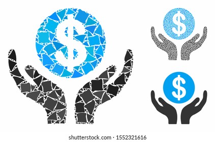 Financial maintenance hands composition of inequal pieces in different sizes and color tints, based on financial maintenance hands icon. Vector inequal pieces are grouped into mosaic.