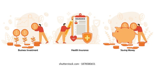 Financial Management Activity Graphic Set. Business Investment, Health Insurance, Saving Money Vector Illustration Design Flat