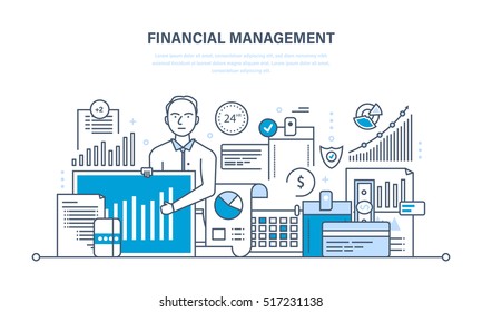 Financial management, analysis and market research, deposits, contributions and savings, statistics and accounting. Illustration thin line design of vector doodles, infographics elements.