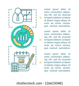 Financial management article page vector template. Budgeting, financing. Sales growth. Brochure, magazine, booklet design element with text boxes. Business development. Print concept design