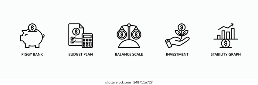 Financial Management Banner Web Icon Vector Illustration Concept With Icon Of Piggy Bank, Budget Plan, Balance Scale, Investment, Stability Graph