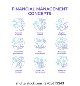 Iconos de concepto de gradiente azul de gestión financiera. Gestión de riesgos. Presupuesto de capital. Control de inversiones. Paquete de iconos. Imágenes vectoriales. Ilustraciones de forma redonda para infografía. idea Abstractas