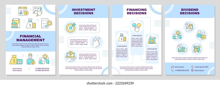 Financial management blue rochure template. Leaflet design with linear icons. Editable 4 vector layouts for presentation, annual reports. Arial-Black, Myriad Pro-Regular fonts used