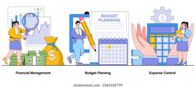 Financial management, budget planning, expense control concept with character. Financial control abstract vector illustration set. Cost optimization, profitability analysis, financial stability.