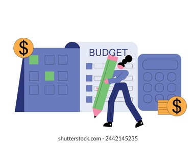 Financial management, budget planning, expense control concept with character holding pencil