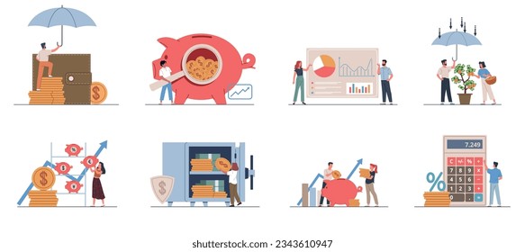 Financial management. Budget planning and financial literacy, people save, count and invest money, costs calculation, profit analysis, business concept, nowaday vector cartoon flat set