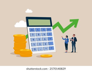 Financial management. Calculating financial risk planning, calculator with coins stack and arrow graph. Modern vector illustration in flat style