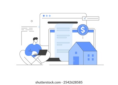 Gestão financeira. Caráter pagando crédito, hipoteca, impostos e faturas do agregado familiar. Finanças pessoais, empréstimos e conceito de dívida. Ilustração de vetor, ícone. Elegante, linha minimalista, abstrato