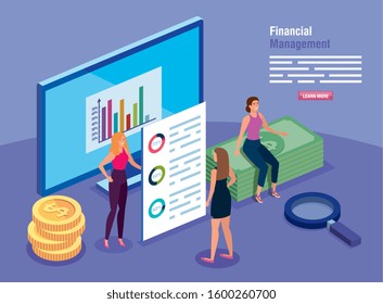 financial management with computer and business women vector illustration design