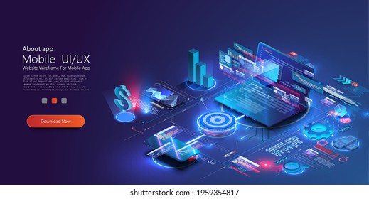 Financial management concept. Application of Smartphone and laptop with business graph and analytics data. Data analysis for the company's marketing decisions or financial indicators. Vector isometric